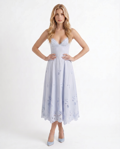 Women blue V neck midi dress with fit and flare skirt and scalloped hem, 45 degree angle