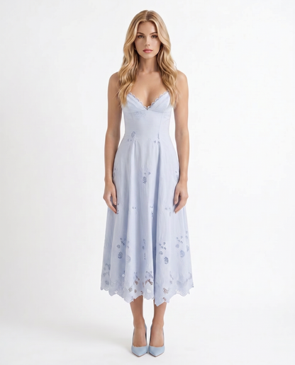 Women blue fit and flare midi dress with V neckline and embroidered scalloped hem, front view