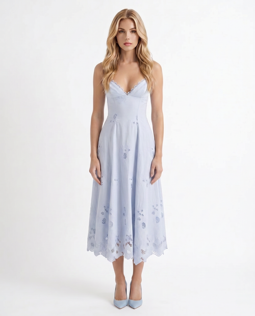 Women blue fit and flare midi dress with V neckline and embroidered scalloped hem, front view