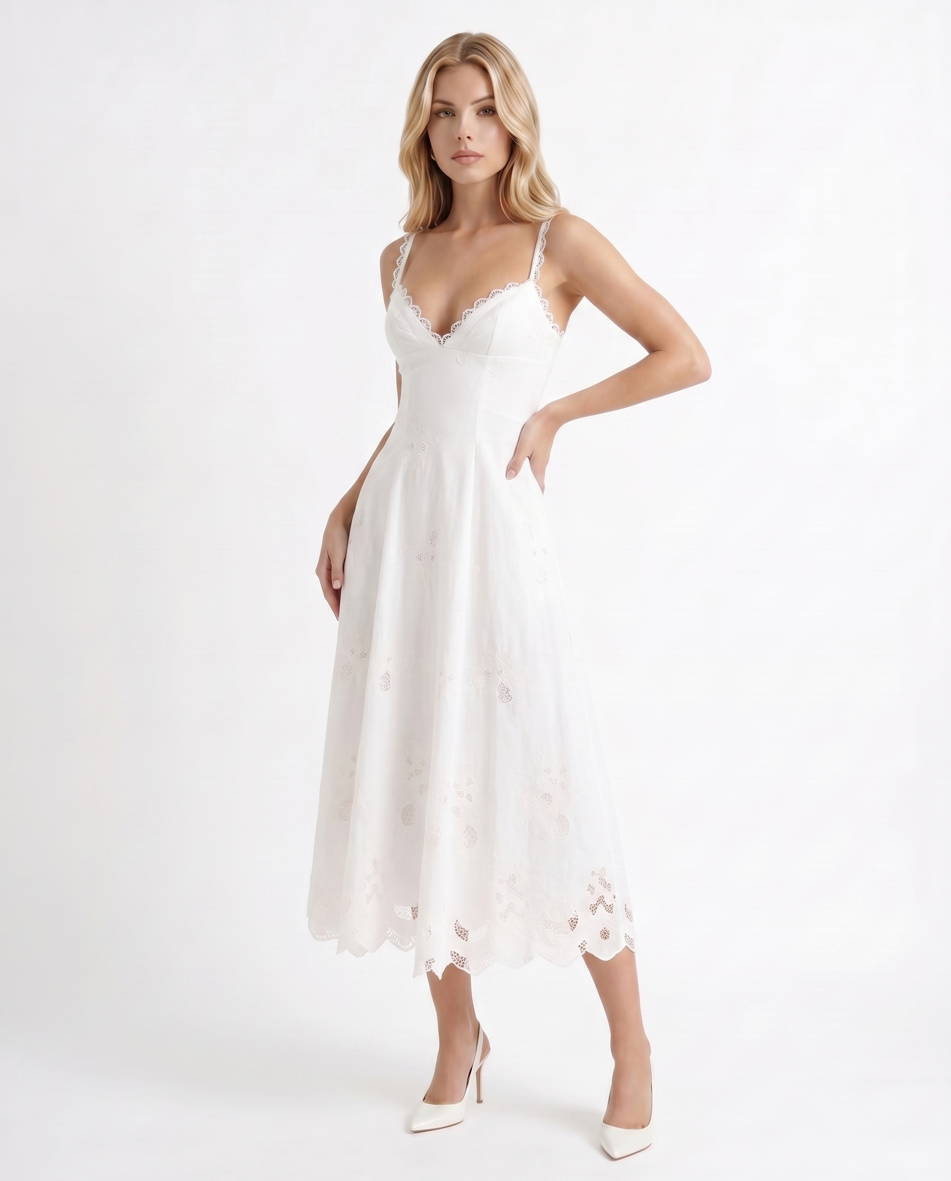 Women white V neck midi dress with fit and flare skirt and scalloped hem, 45 degree angle