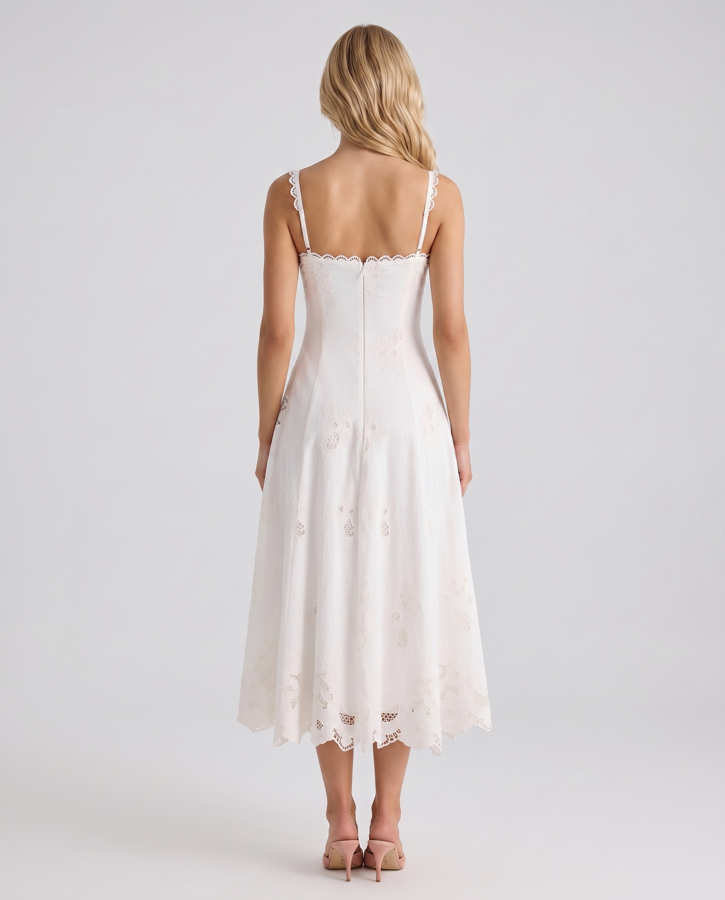 Women white V neck midi dress with spaghetti strap back and scalloped hem, back view