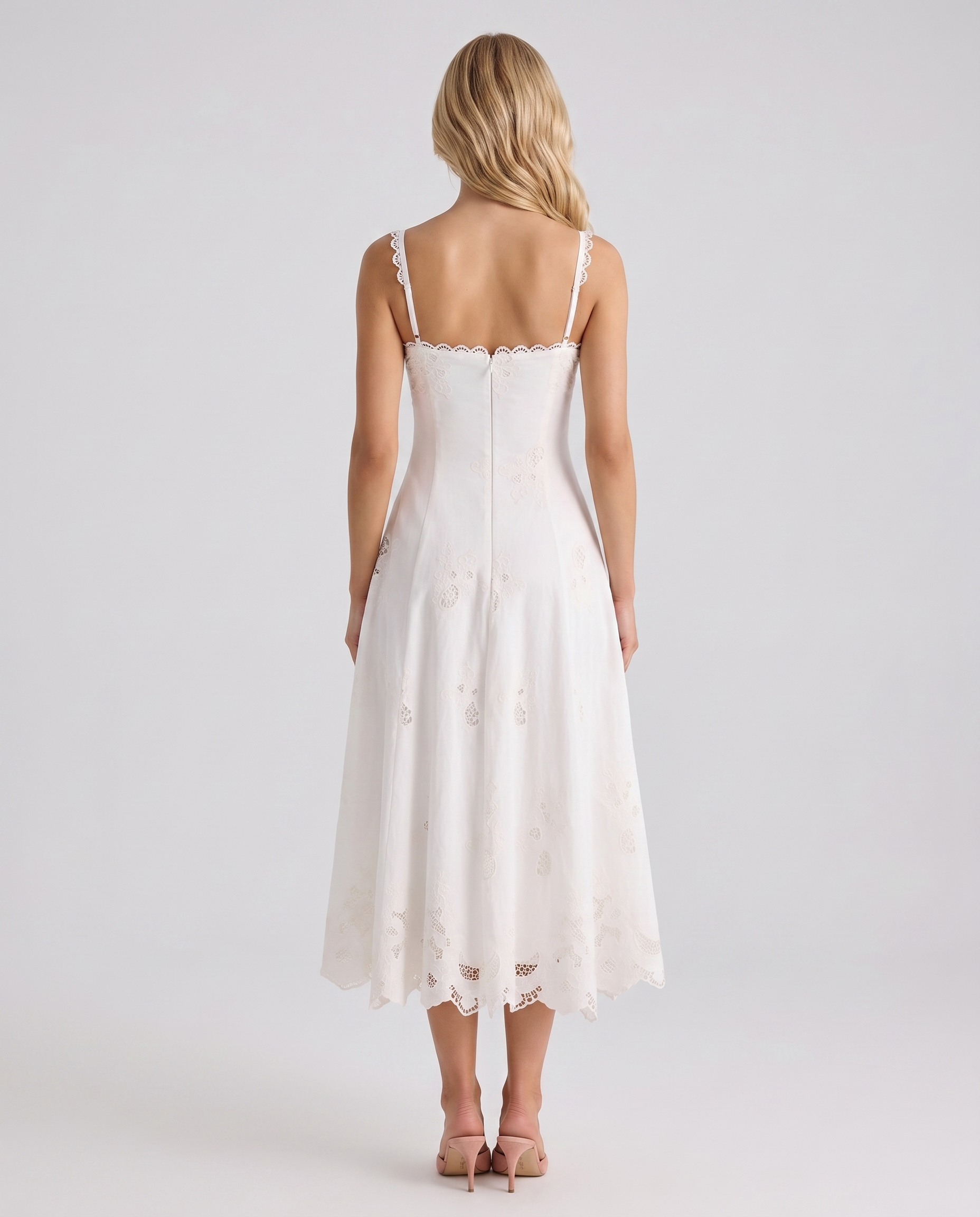 Women white V neck midi dress with spaghetti strap back and scalloped hem, back view