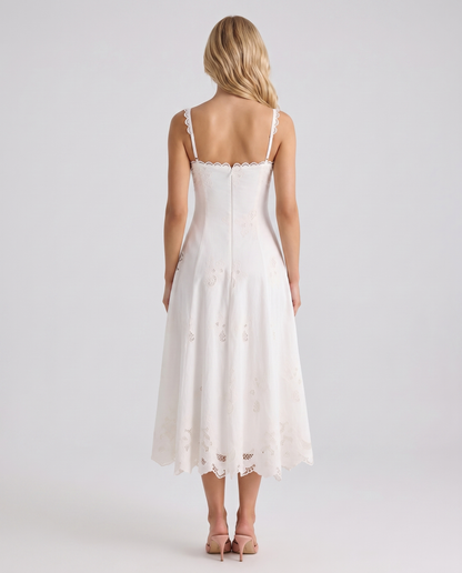 Women white V neck midi dress with spaghetti strap back and scalloped hem, back view