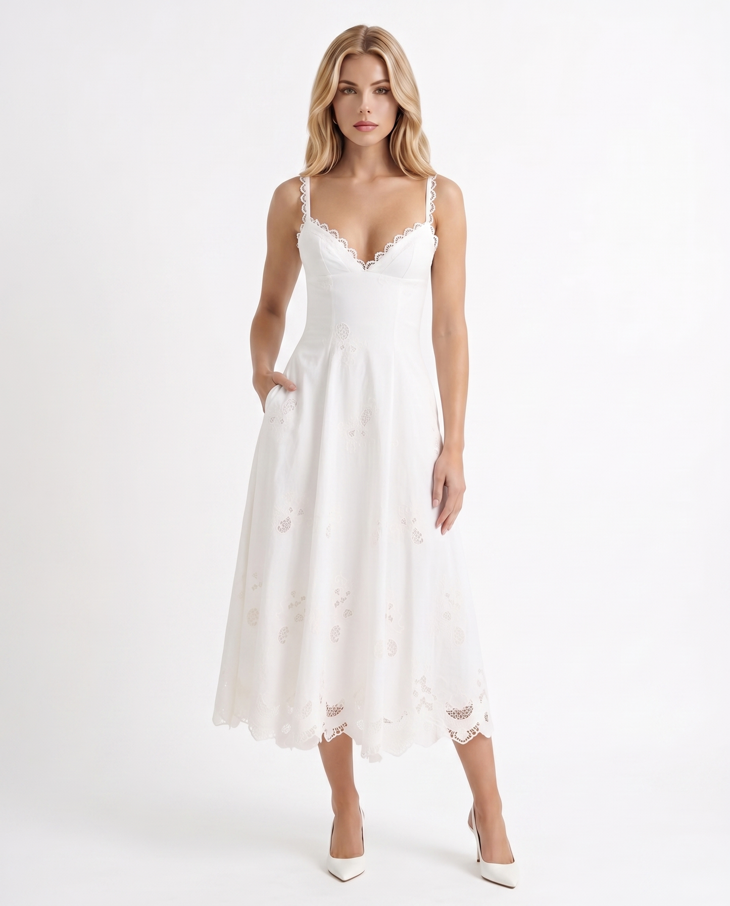Women white fit and flare midi dress with V neckline and embroidered scalloped hem, front view