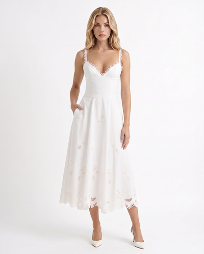 Women white fit and flare midi dress with V neckline and embroidered scalloped hem, front view