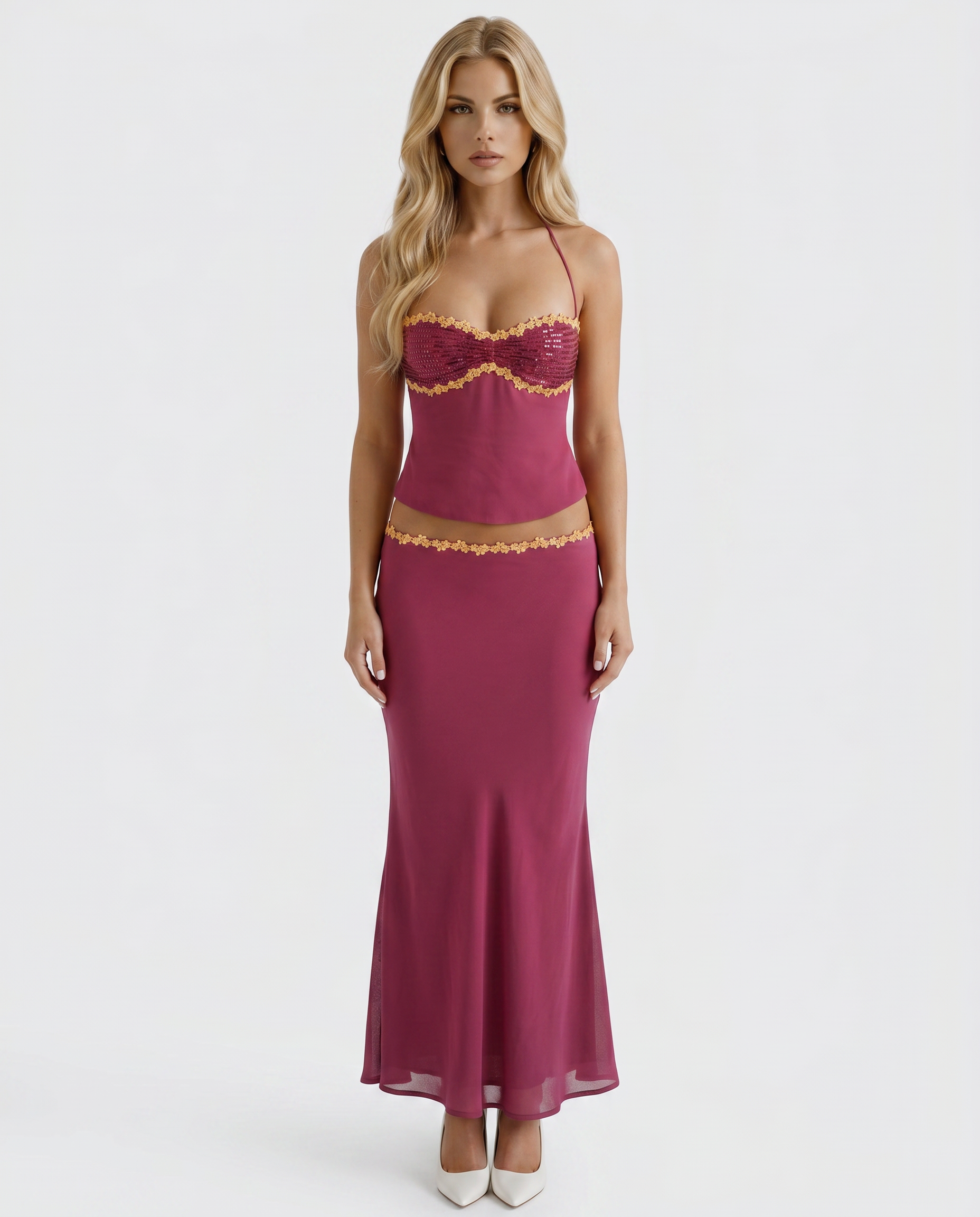 Sara Halter Bralette Maxi Skirt Set - Berry