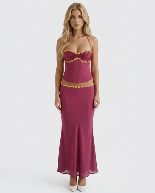 Sara Halter Bralette Maxi Skirt Set - Berry