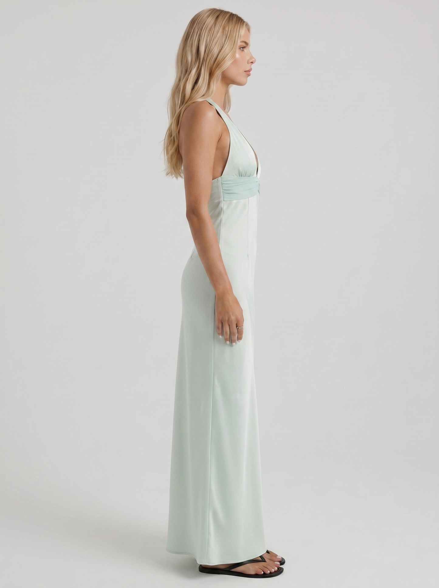 Women mint green halter V plunge satin bodycon maxi dress, side profile view