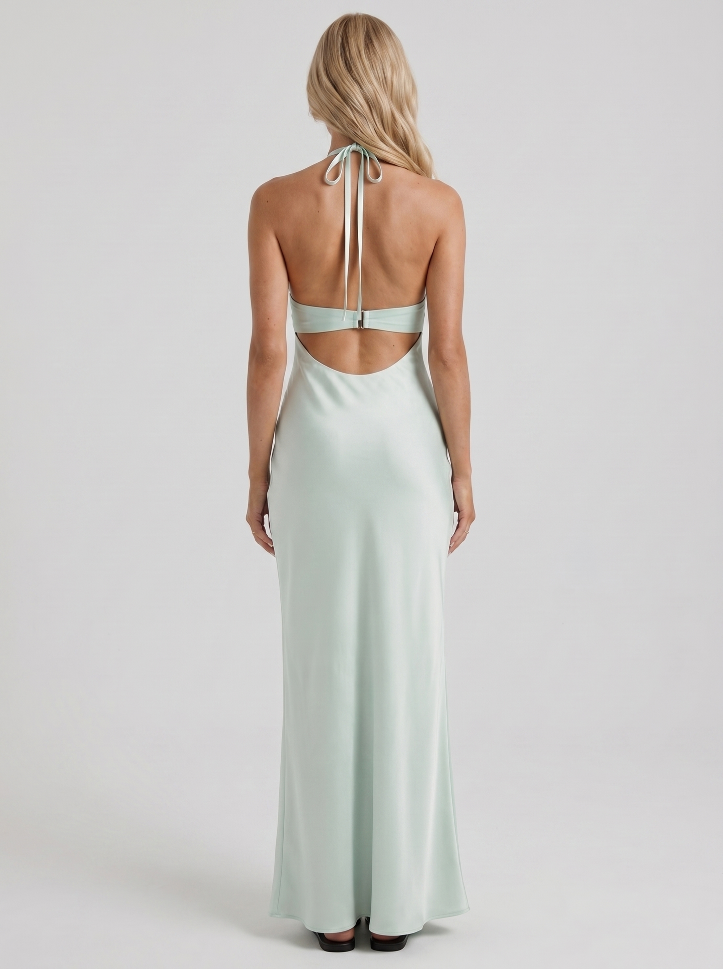 Women mint green halter V plunge satin bodycon maxi dress, back view