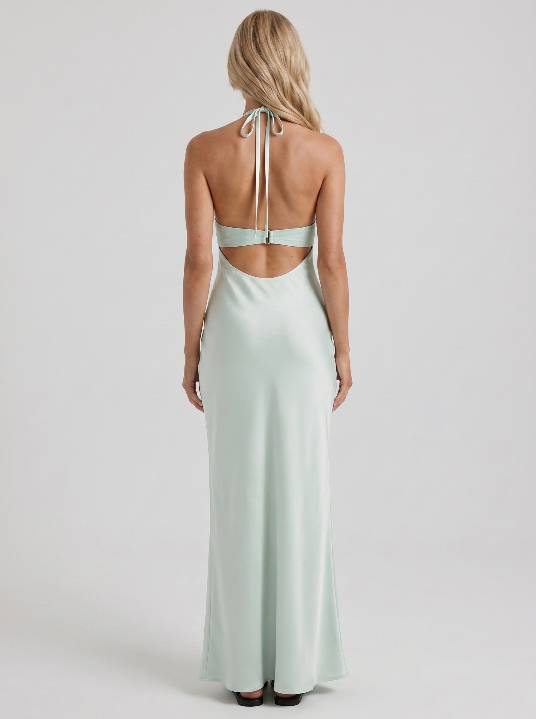 Women mint green halter V plunge satin bodycon maxi dress, back view