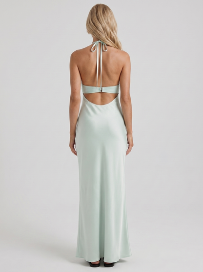 Women mint green halter V plunge satin bodycon maxi dress, back view