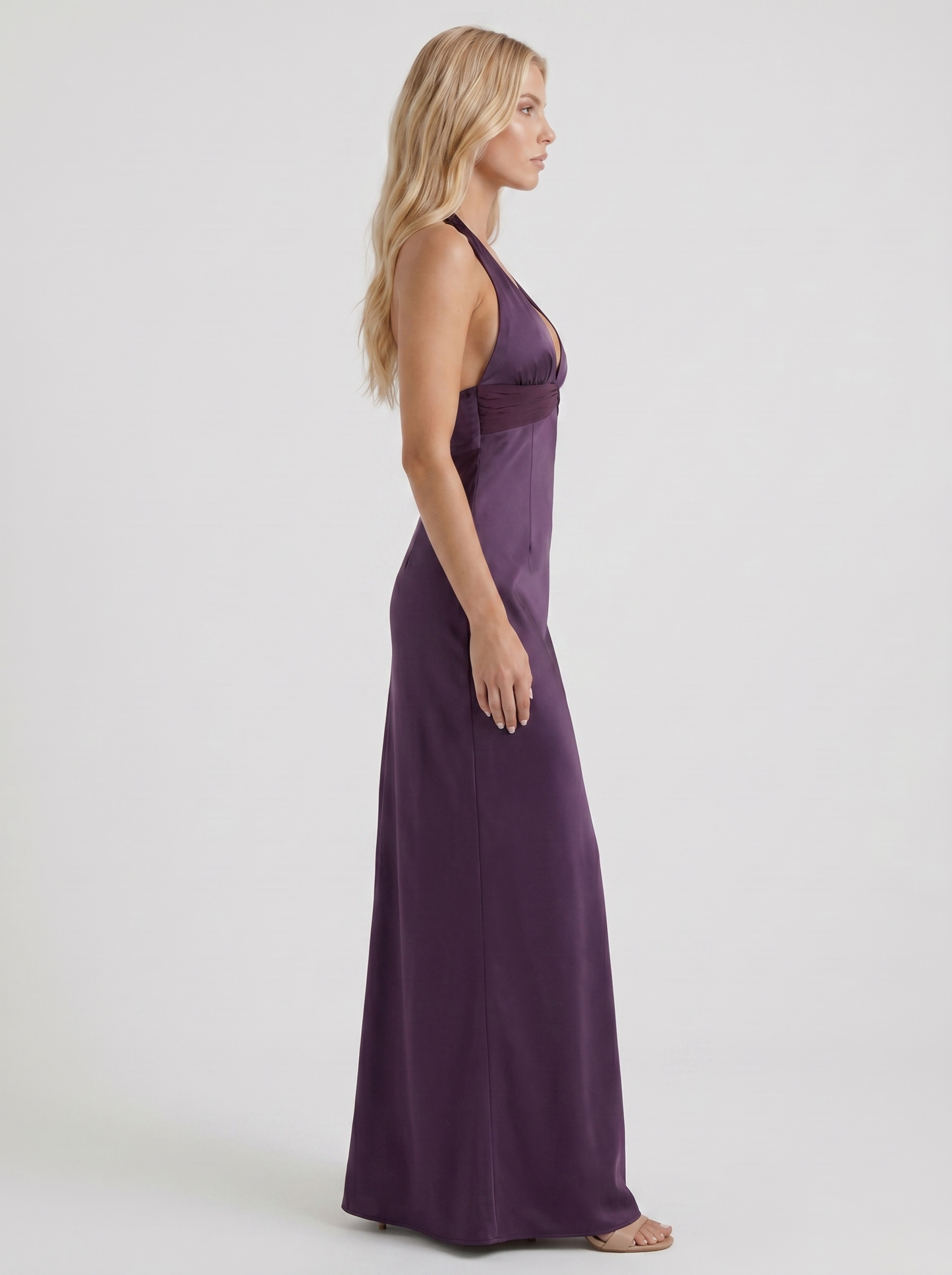Women purple halter V plunge satin bodycon maxi dress, side profile view