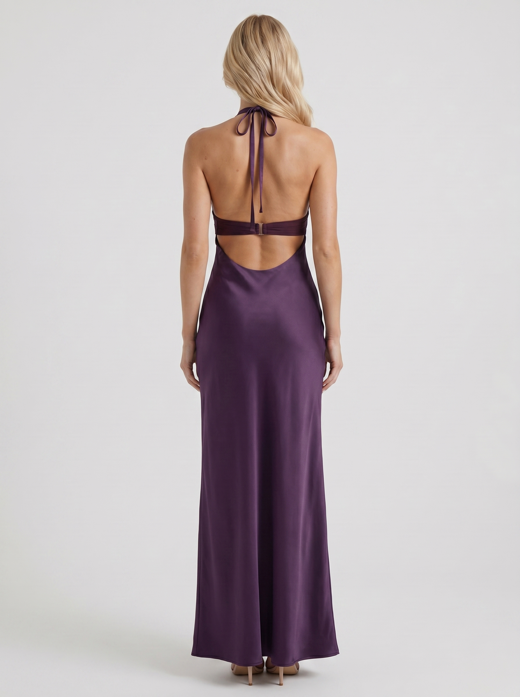 Saskia Halter V Plunge Satin Bodycon Maxi Dress - Purple - M - Fashion