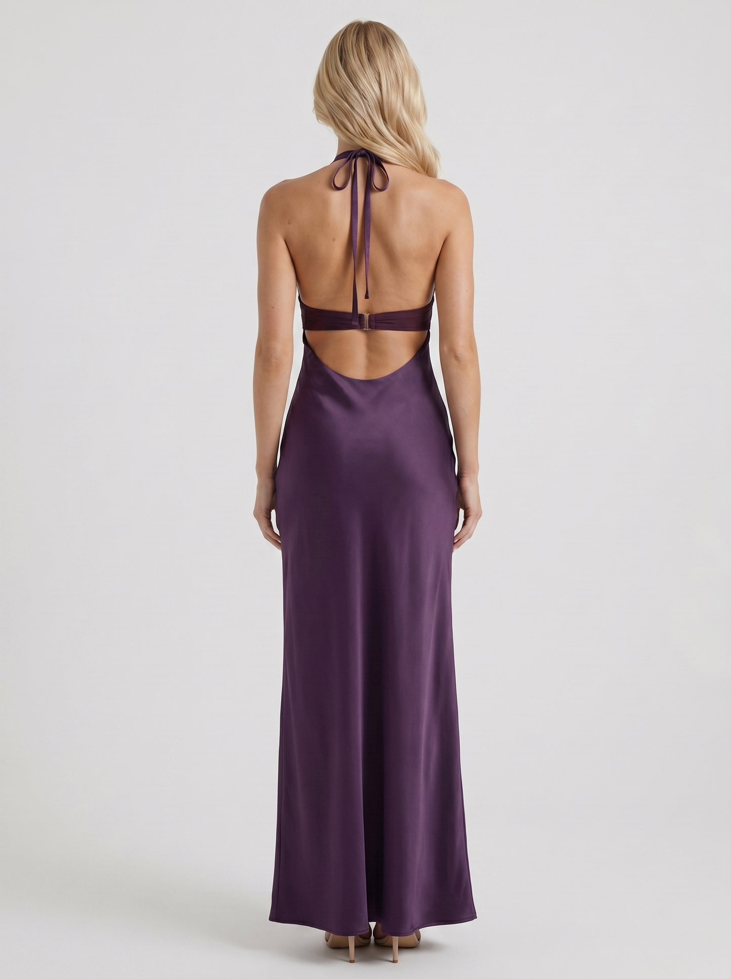Women purple halter V plunge satin bodycon maxi dress, back view