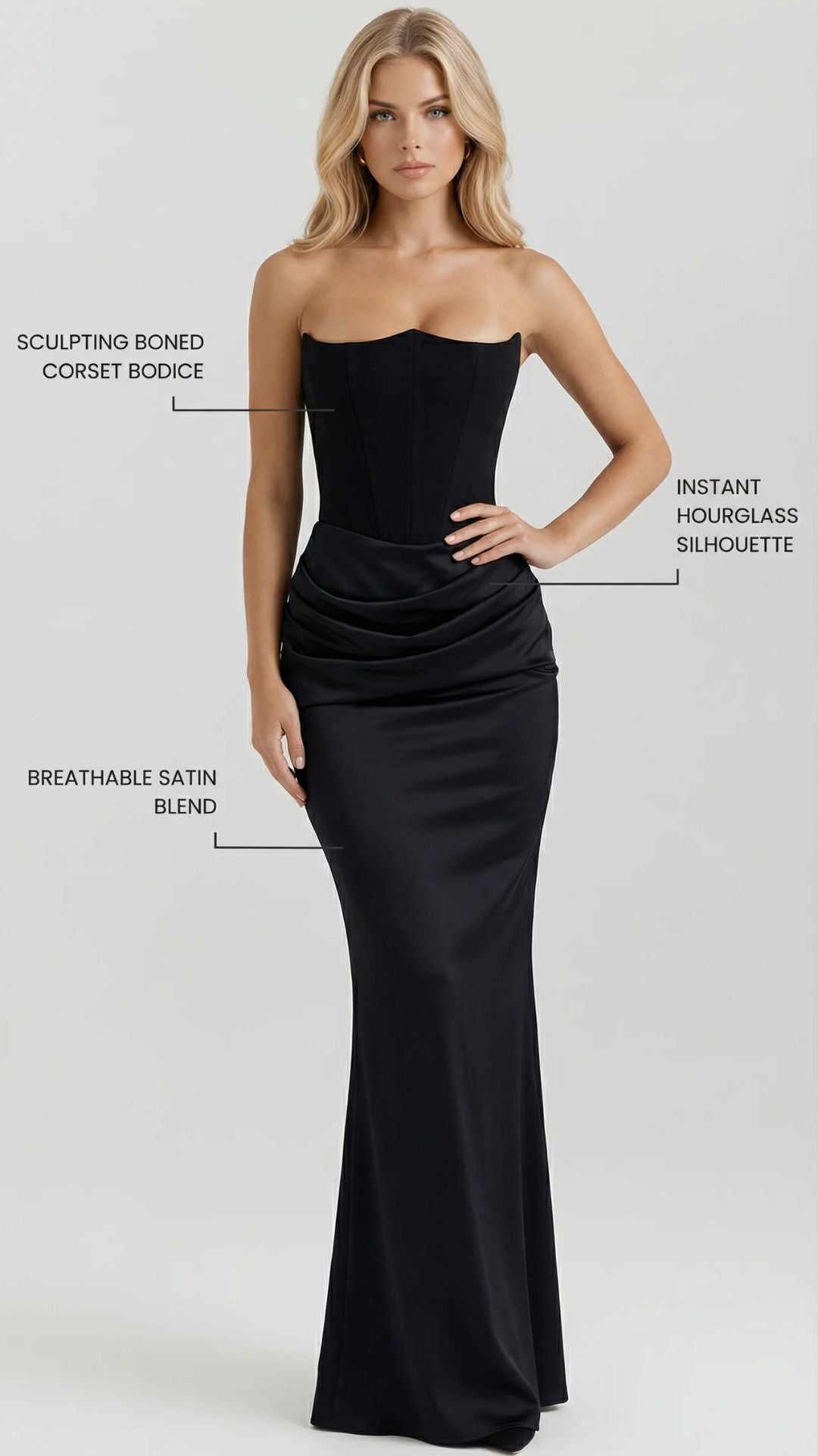 Black Satin Strapless Corset Maxi Dress Black / M