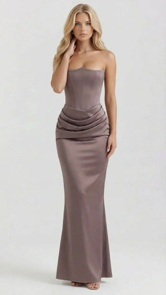 Women's Brown Corset Strapless Wedding Guest Maxi Dress – Kaylas Collectives