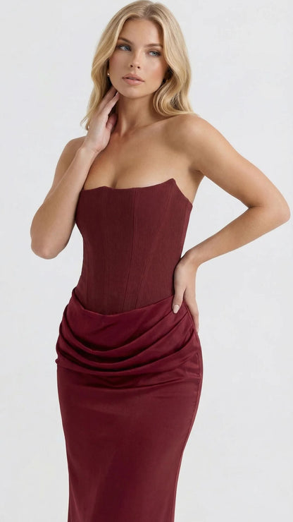 Scarlet Corset Strapless Maxi Dress - Burgundy