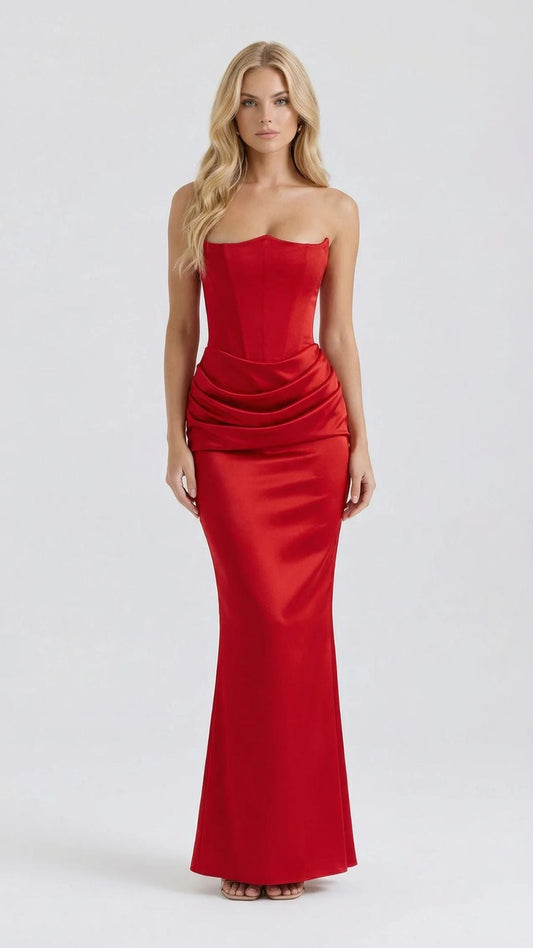 Women red strapless maxi dress with corset bodice, front view on model