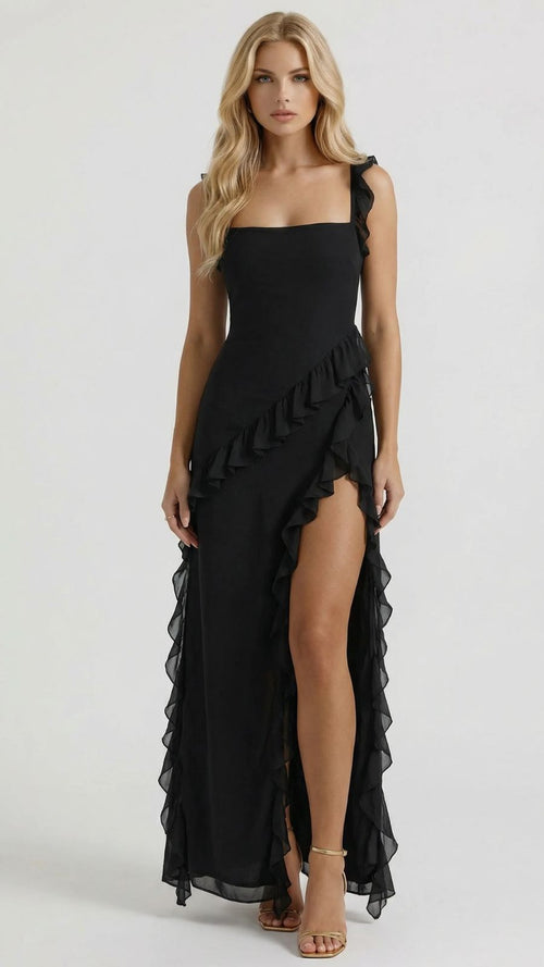 Scarlet Ruffle Maxi Dress - Black