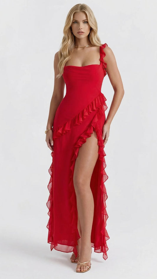 Scarlet Ruffle Maxi Dress - Red