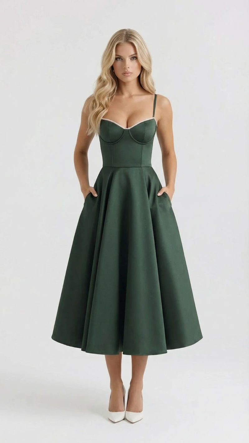 Front view of a dark green sweetheart midi dress with pockets and a full, structured skirt.
