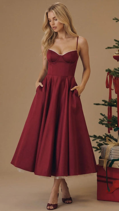 Selene Sweetheart Midi Dress - Burgundy