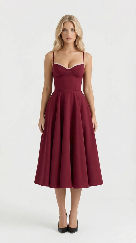 Women red midi dress with sweetheart neckline and spaghetti straps, full-front view on model.