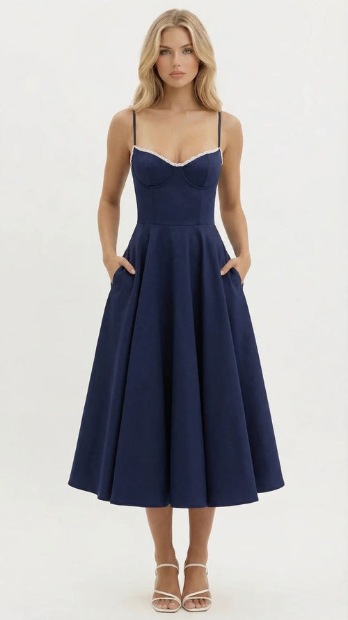 Selene Sweetheart Midi Dress - Navy - S - Fashion