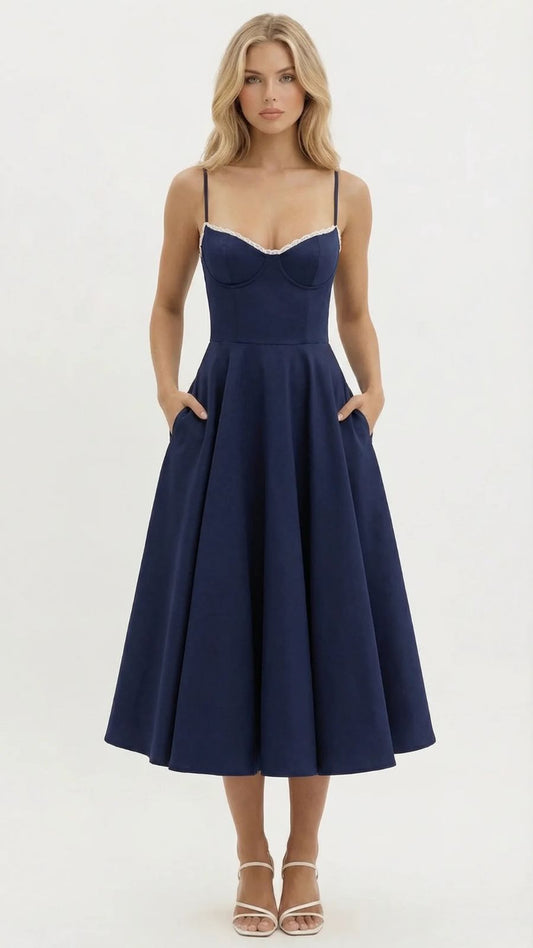 Navy sweetheart midi dress with white lace trim and pockets, A-line skirt, and spaghetti straps