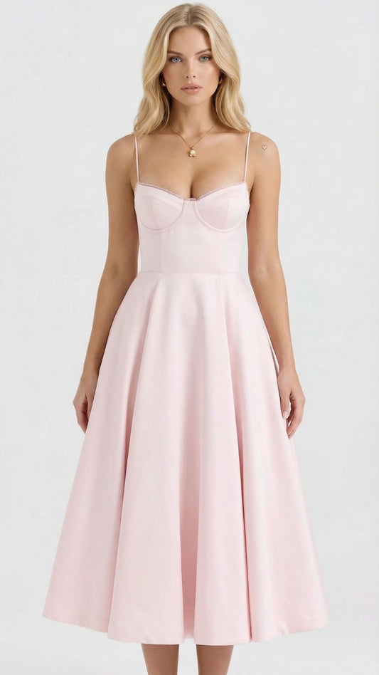 Women's pink sweetheart midi dress with structured bodice and spaghetti straps, full front view.