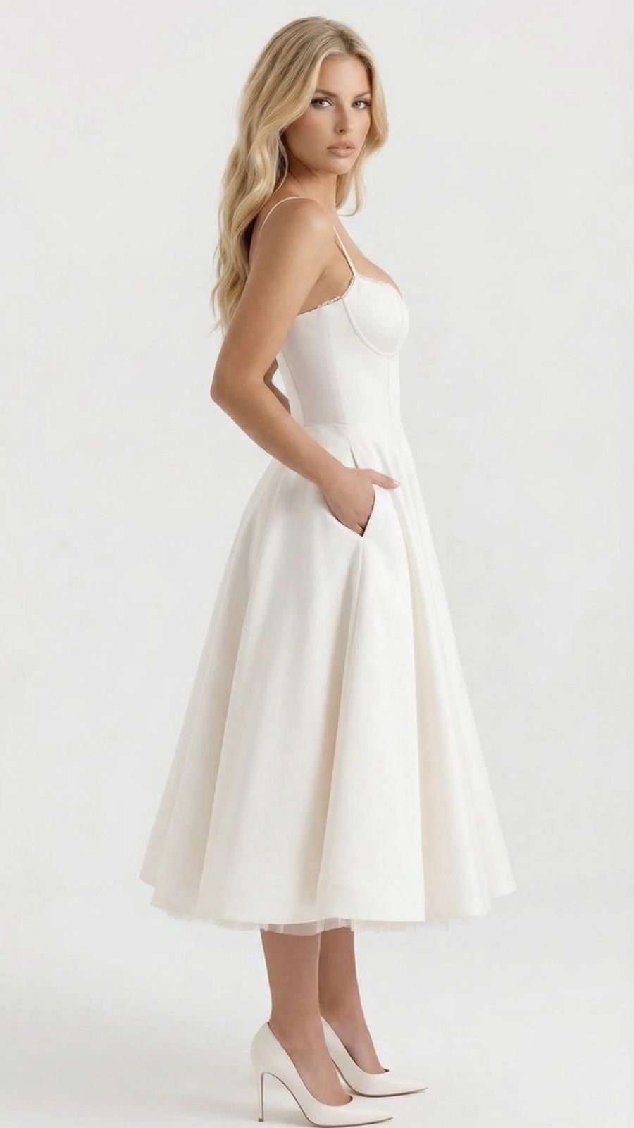 Women's white sweetheart midi dress, side view, showing side pocket detail.