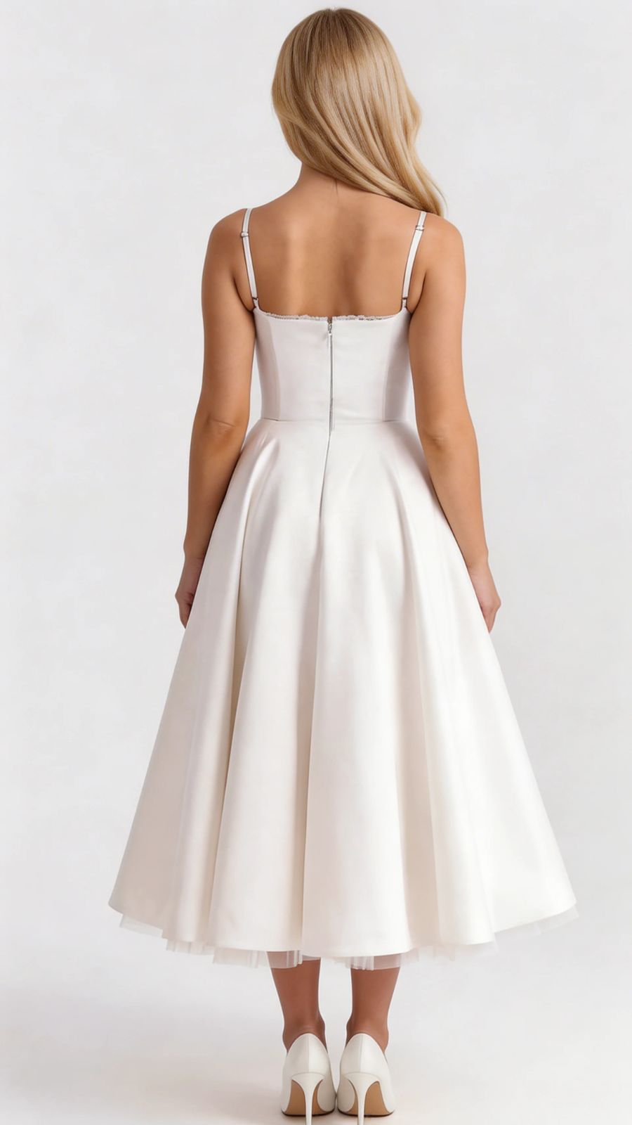 Women's white sweetheart midi dress, back view, revealing invisible zipper closure.