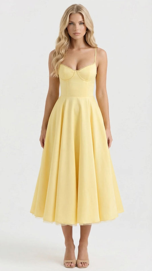 Women yellow midi dress with sweetheart neckline and structured bodice, front view on model.
