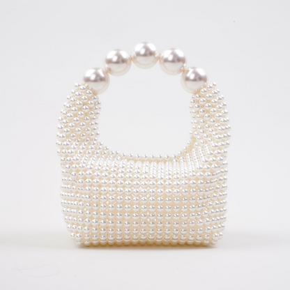 Women white bag with top handle and pearl beading