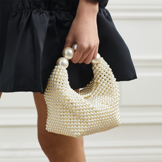 Women white bag with top handle and pearl beading