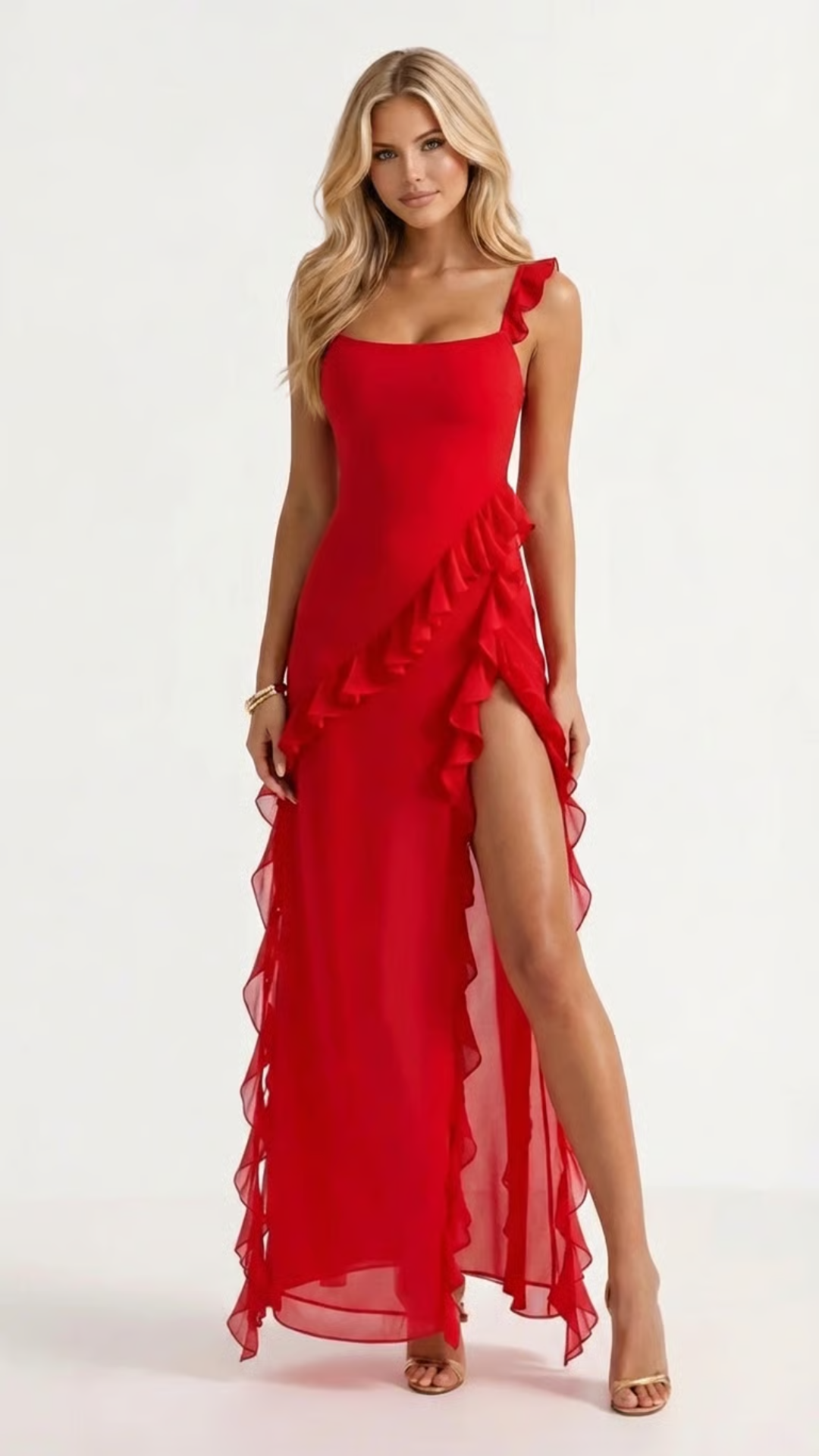 Red ruffle maxi dress — side view highlighting ruffle trim and flowing hemline