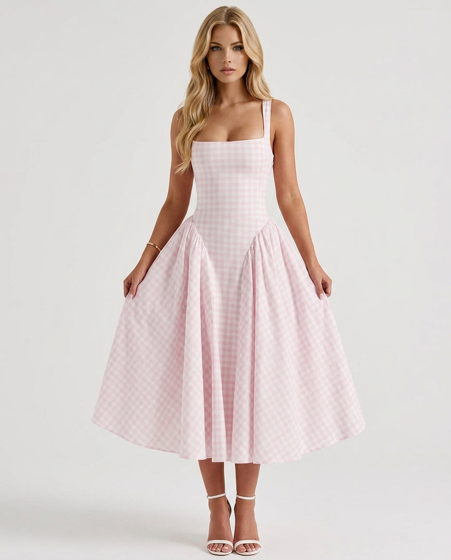 Sherrie Gingham Midi Dress - Blush