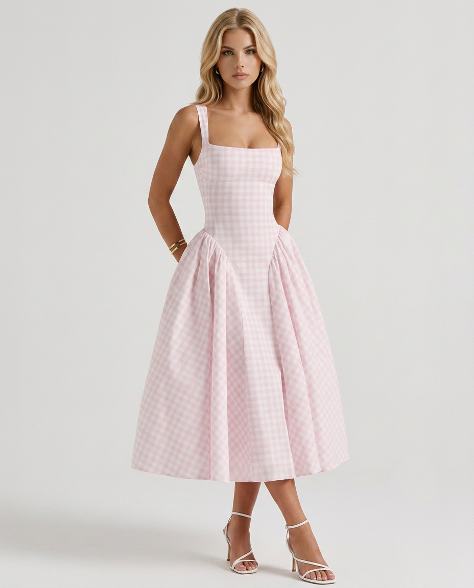 Sherrie Gingham Midi Dress - Blush