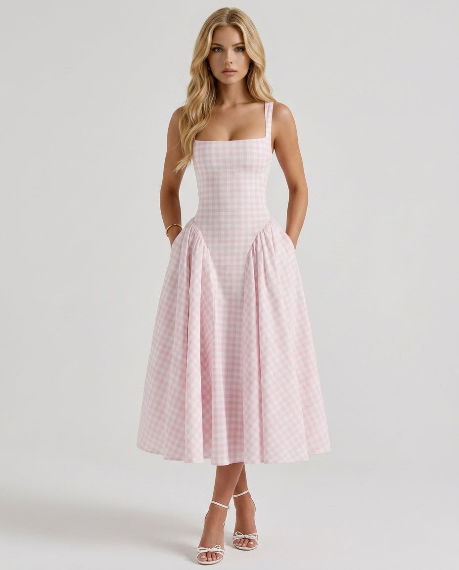 Sherrie Gingham Midi Dress - Blush