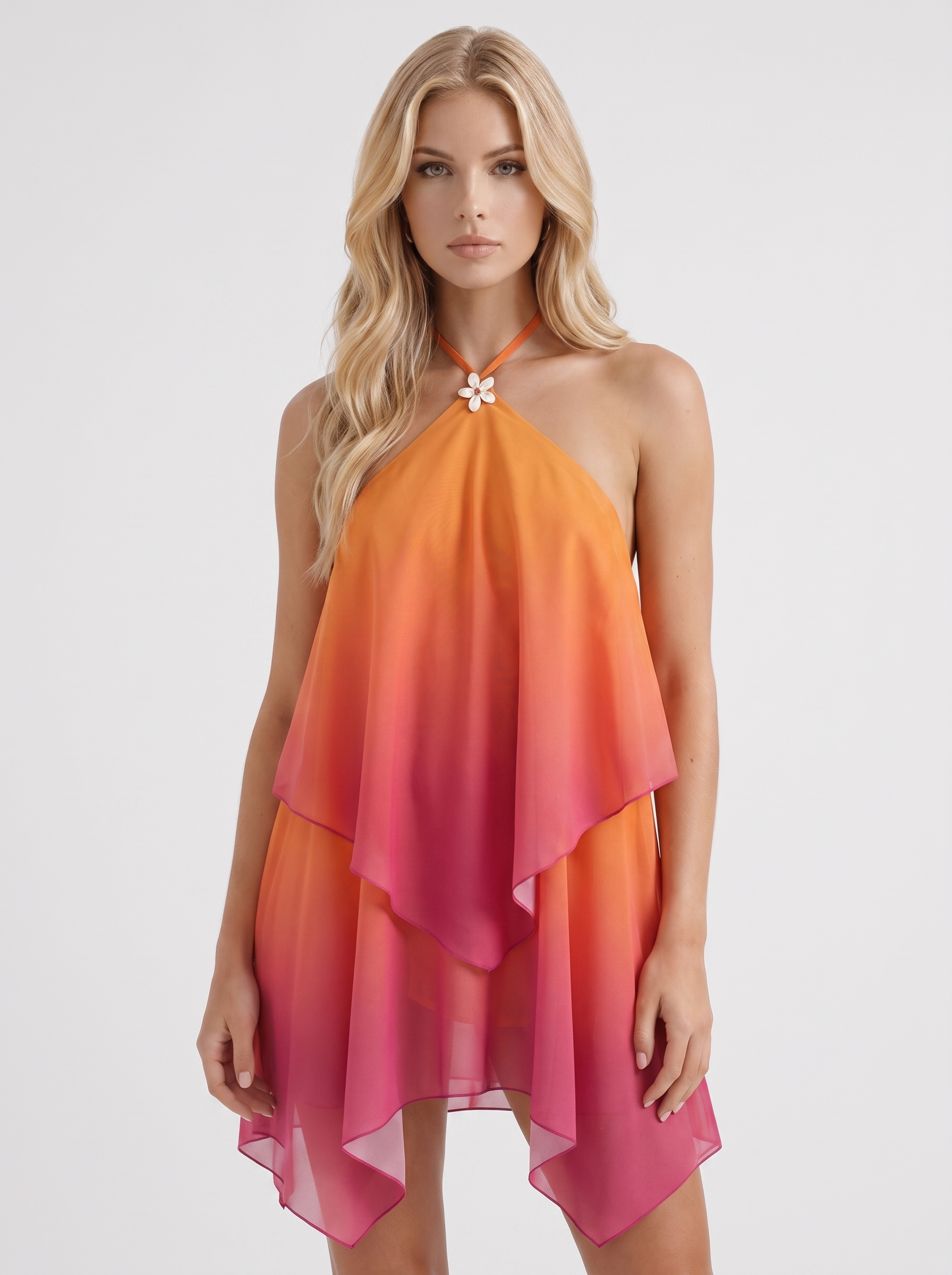 Women orange drape mini dress with halter neckline and draped hem