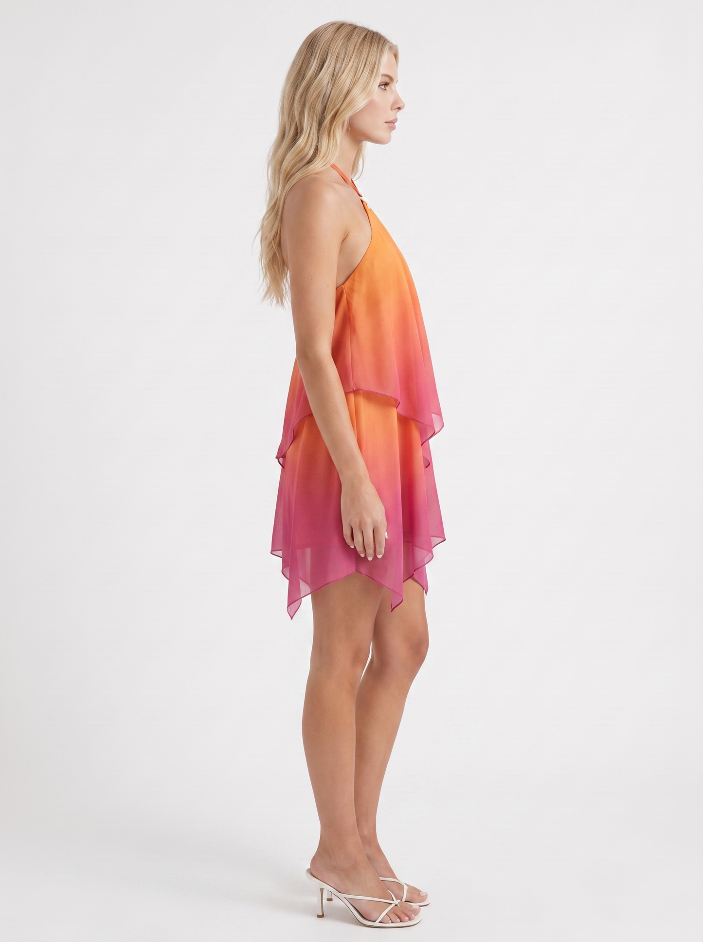 Women orange drape mini dress with halter neckline and draped hem