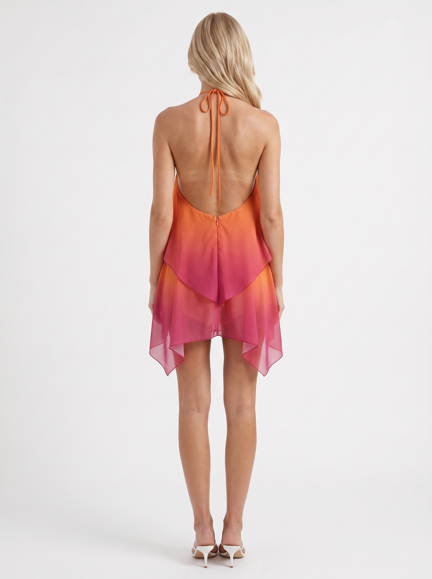 Women orange drape mini dress with halter neckline and draped hem