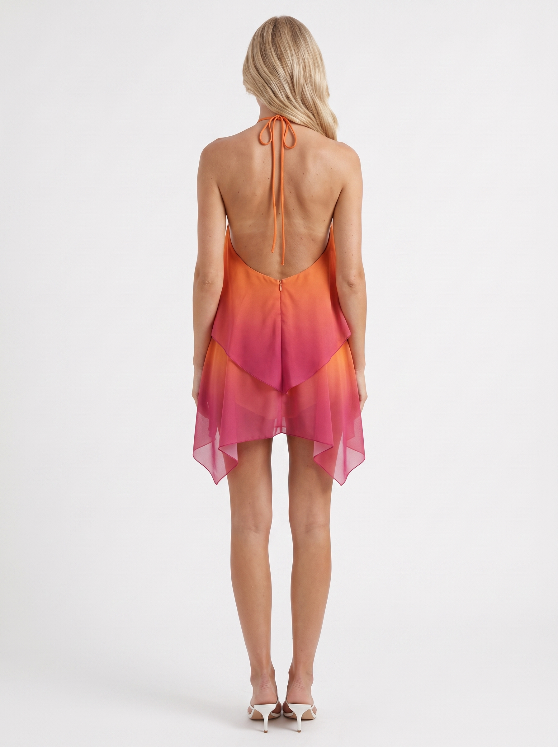 Women orange drape mini dress with halter neckline and draped hem