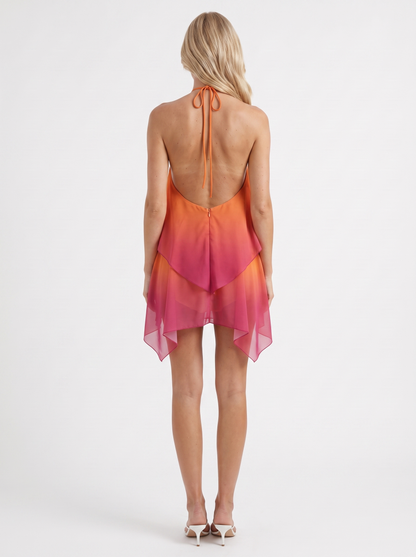 Women orange drape mini dress with halter neckline and draped hem