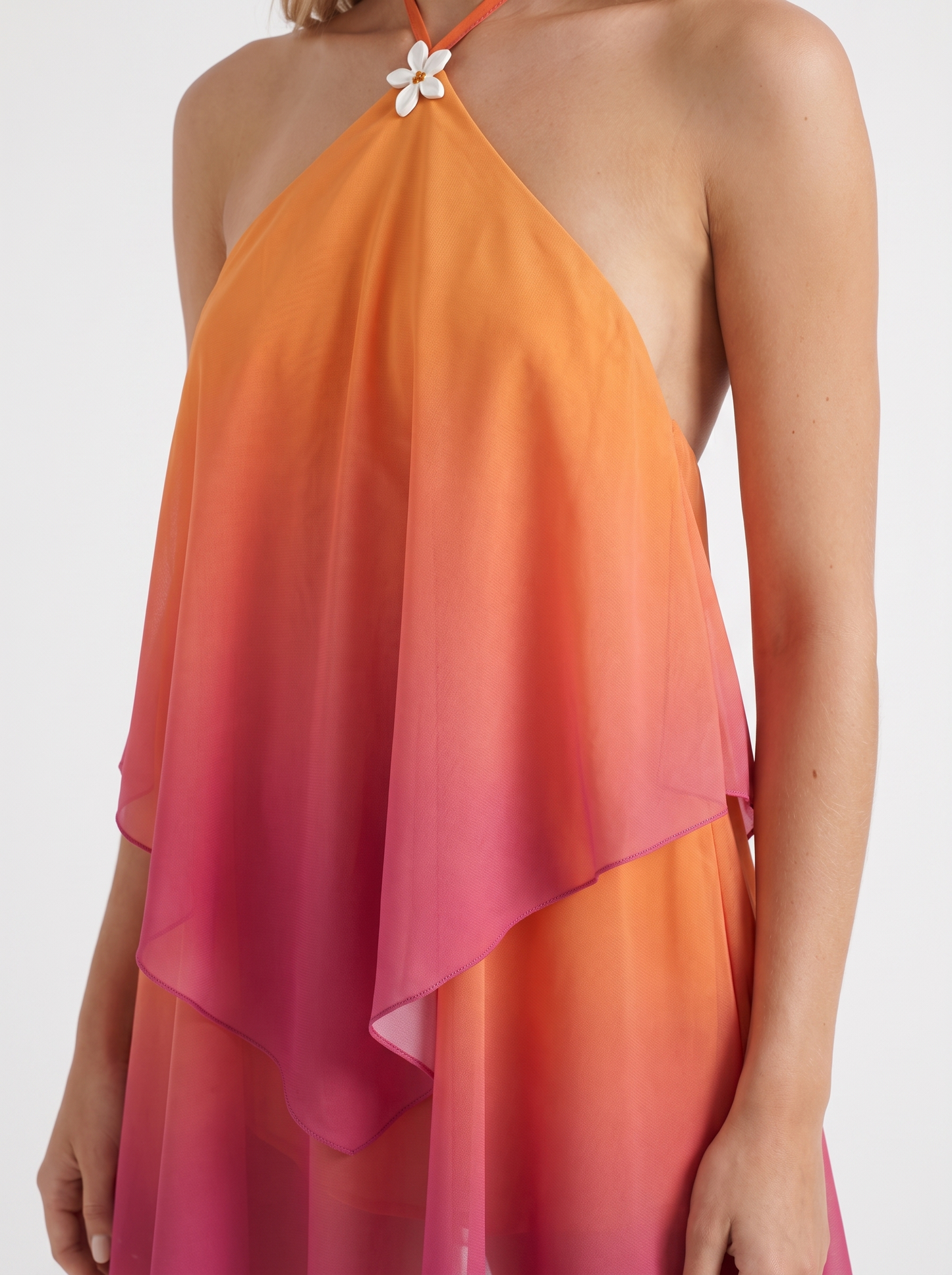 Women orange drape mini dress with halter neckline and draped hem