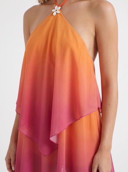 Women orange drape mini dress with halter neckline and draped hem