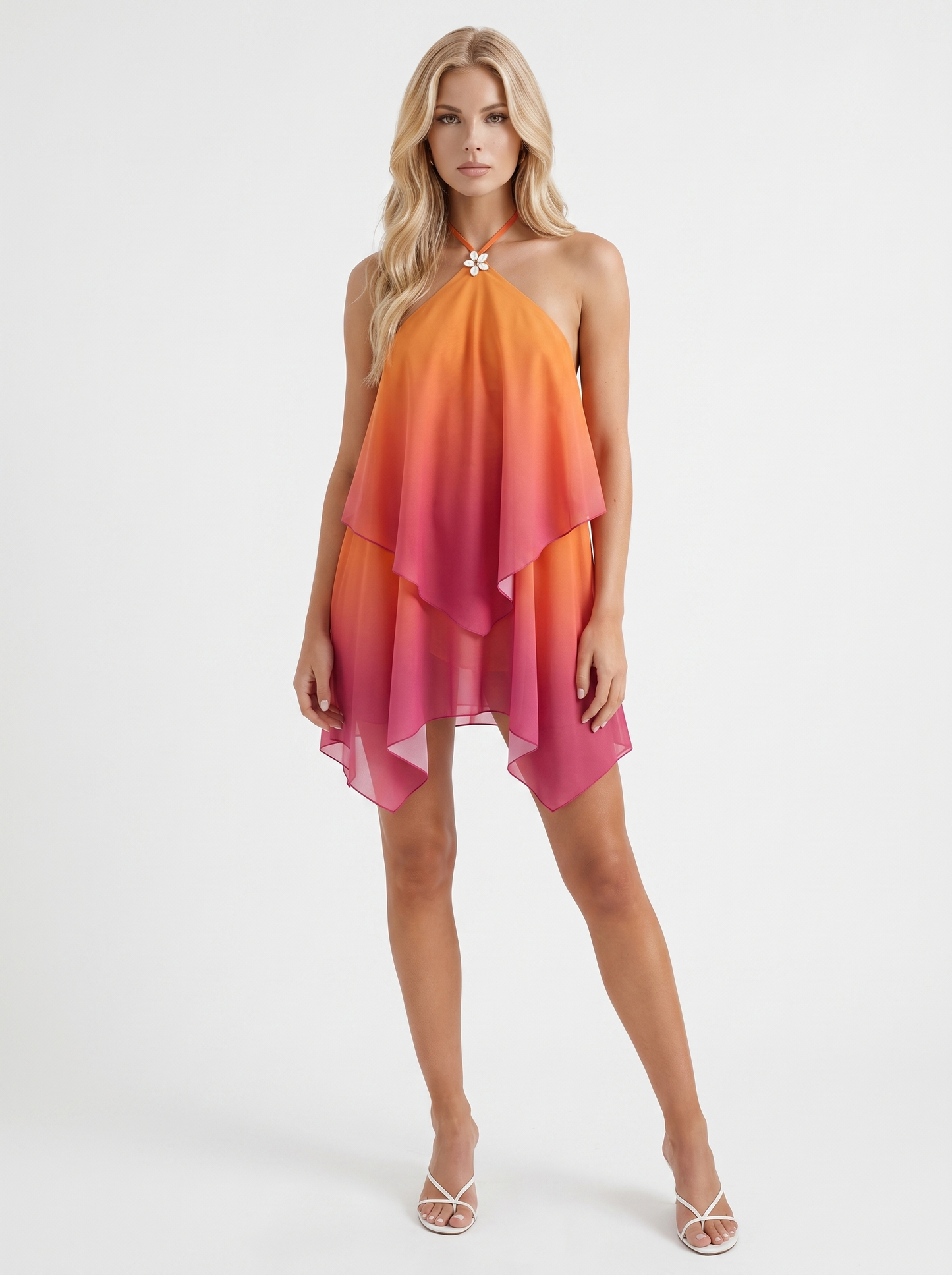 Women orange drape mini dress with halter neckline and draped hem