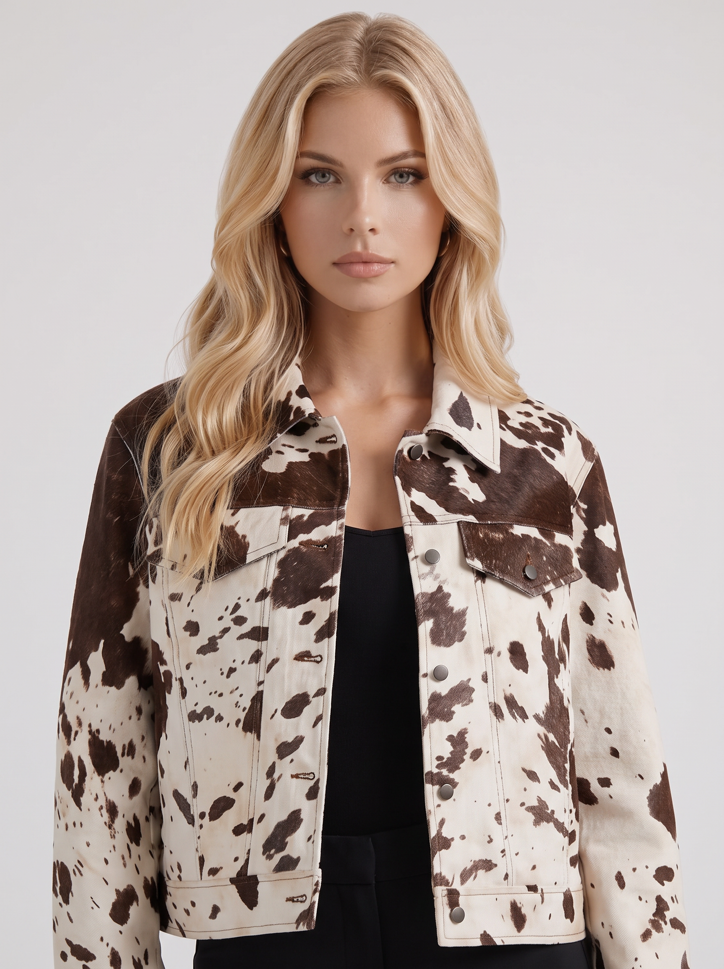 Women's brown spotted jacket with spotted print and hip length hem