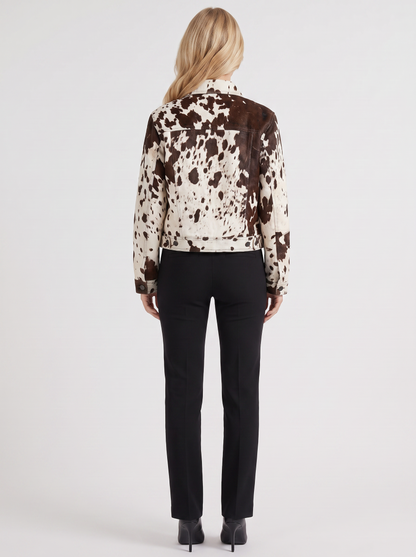 Women's brown spotted jacket with spotted print and hip length hem