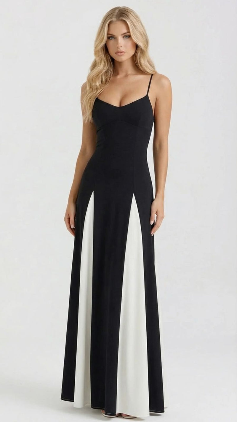Black and white Solara Flare mini dress with spaghetti straps and a flattering sweetheart neckline, full length view.